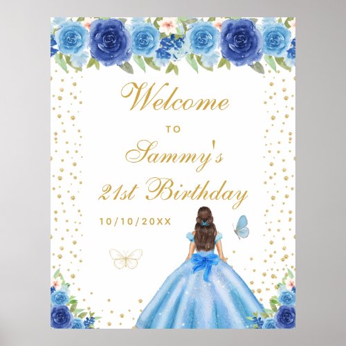 Blue Brunette Hair Girl Birthday Party Welcome Poster