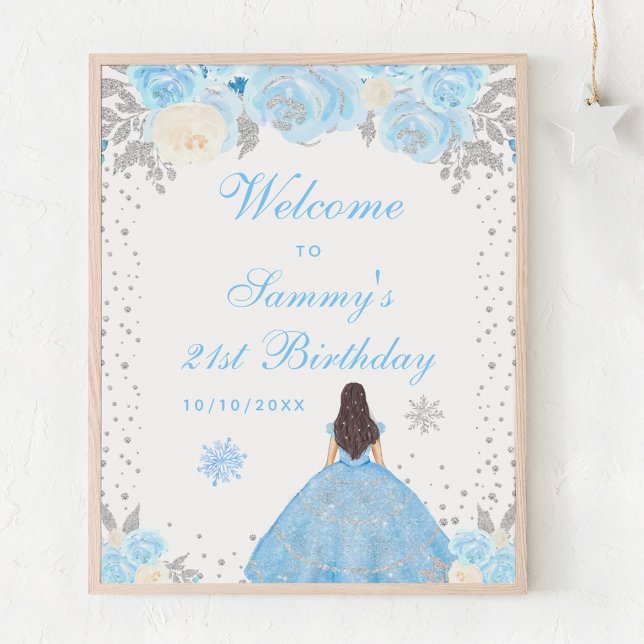Blue Brunette Hair Girl Birthday Party Welcome Poster (Creator Uploaded)