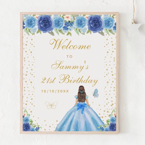 Blue Brunette Hair Girl Birthday Party Welcome Poster