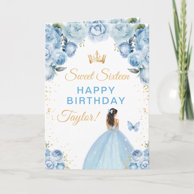 Blue Brunette Hair Girl Sweet Sixteen Birthday Card (Front)