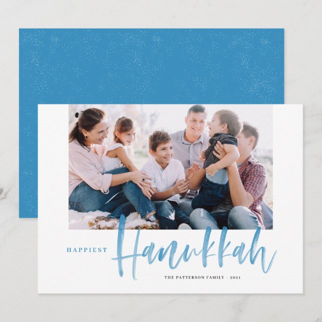 Blue Brush Calligraphy Happiest Hanukkah Photo (Front/Back)