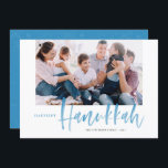 Blue Brush Calligraphy Happiest Hanukkah Photo Cards<br><div class="desc">Happiest Hanukkah! Send holiday greetings to your loved ones with this hand-lettered Happy Hanukkah flat card. It features blue brush modern calligraphy with a matching delicate snow pattern. Personalize by adding a photo,  names,  date and message. This festive blue calligraphy holiday card is available in other colors and products.</div>
