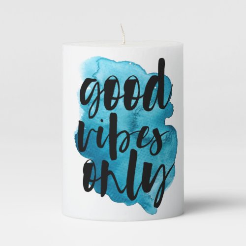 blue brush script good vibes only pillar candle