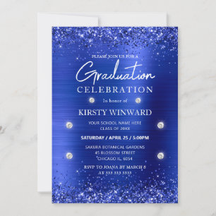 Blue Brushed Metal and Glitter Graduation Invitation