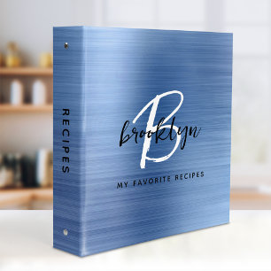 Blue Brushed Metal Black and White Monogram Recipe 3 Ring Binder