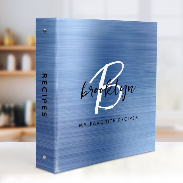 Blue Brushed Metal Black and White Monogram Recipe 3 Ring Binder (Creator Uploaded)