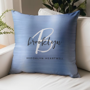 Blue Brushed Metal Black White Monogram Name Throw Pillow