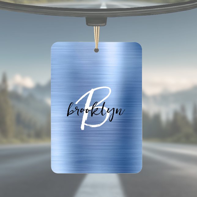 Blue Brushed Metal Black White Script Monogram  Air Freshener (Creator Uploaded)