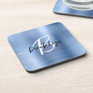 Blue Brushed Metal Black White Script Monogram Beverage Coaster