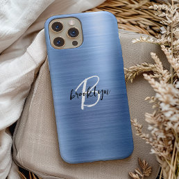 Blue Brushed Metal Black White Script Monogram  iPhone 15 Case