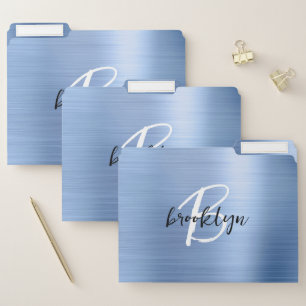 Blue Brushed Metal Black White Script Monogram File Folder