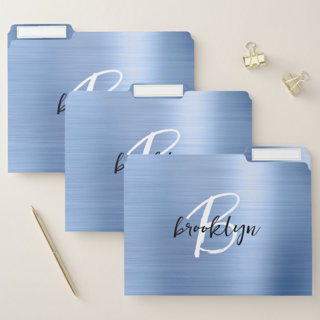 Blue Brushed Metal Black White Script Monogram File Folder (Set)