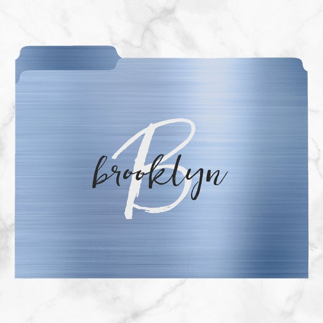 Blue Brushed Metal Black White Script Monogram File Folder (Creator Uploaded)