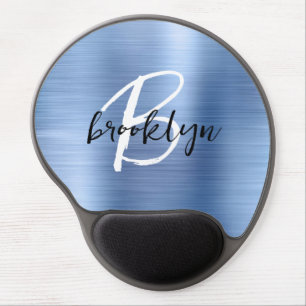 Blue Brushed Metal Black White Script Monogram Gel Mouse Pad
