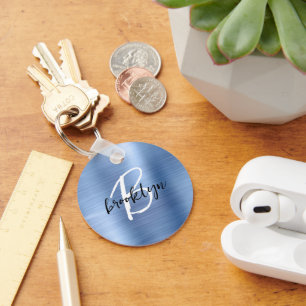 Blue Brushed Metal Black White Script Monogram Keychain
