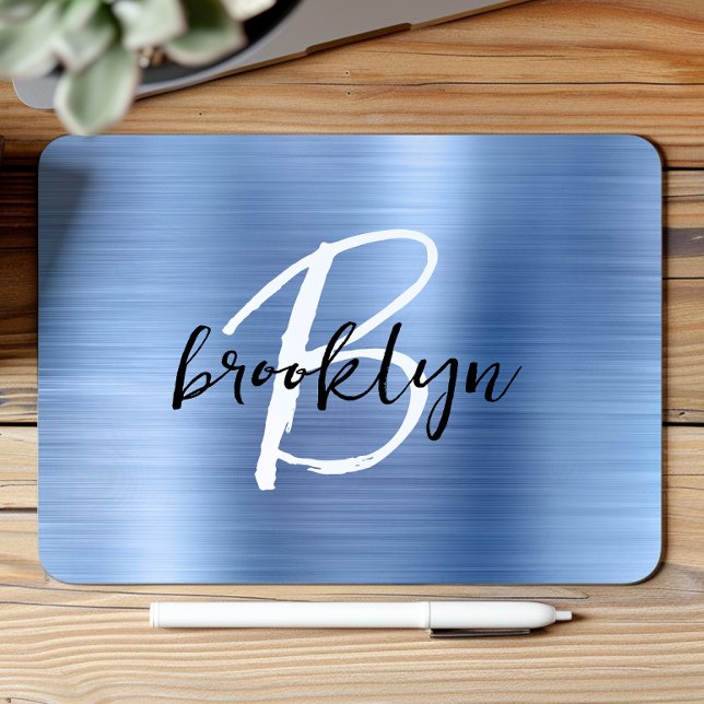 Blue Brushed Metal Black White Script Monogram  Mouse Pad (Creator Uploaded)