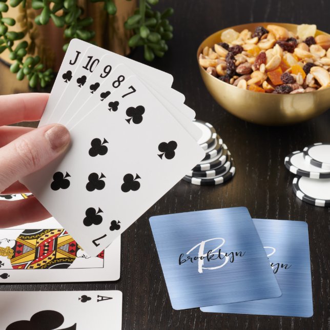 Blue Brushed Metal Black White Script Monogram  Poker Cards (In Situ)