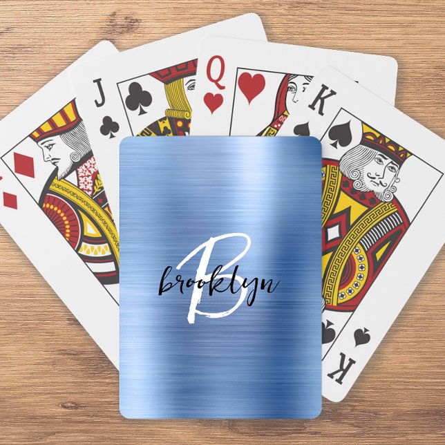 Blue Brushed Metal Black White Script Monogram  Poker Cards (Creator Uploaded)