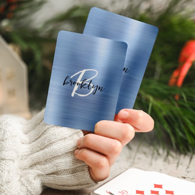 Blue Brushed Metal Black White Script Monogram  Poker Cards (Creator Uploaded)