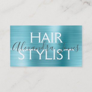 Blue Brushed Metal Hair Stylist Business Card