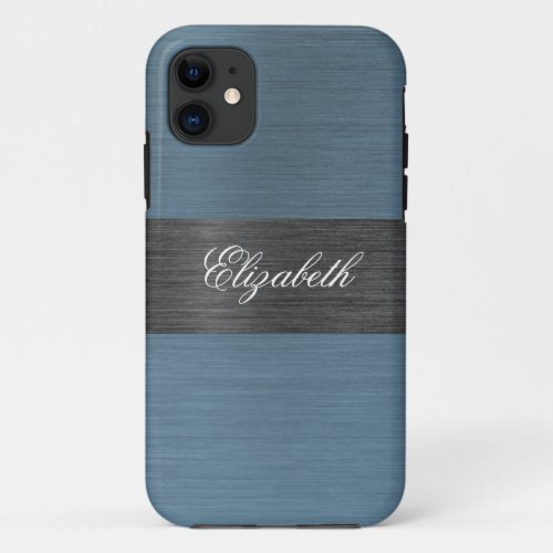 Blue Brushed Metal Metallic Monogram Name  iPhone 11 Case