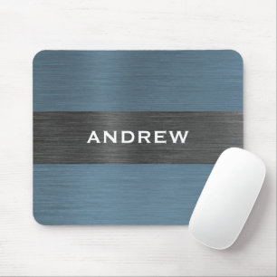 Blue Brushed Metal Metallic Monogram Name  Mouse Pad