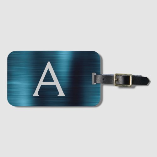 Blue Brushed Metal Monogram Name and Initial Luggage Tag