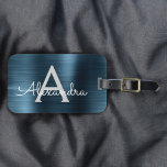 Blue Brushed Metal Monogram Name and Initial Luggage Tag<br><div class="desc">Modern and Elegant Metallic Blue Brushed Metal Foil Monogram Name and Initial Travel Luggage Tag. This bag tag is perfect for Back to School,  Work,  or Traveling.</div>
