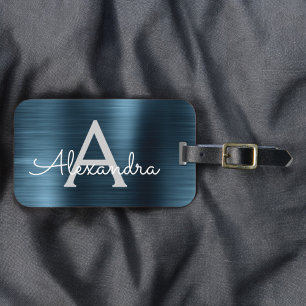 Blue Brushed Metal Monogram Name and Initial Luggage Tag