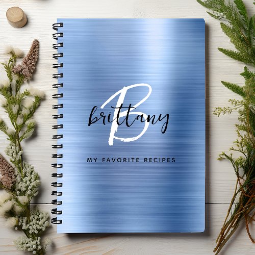 Blue Brushed Metal Monogram Name Recipe Book