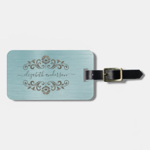 Blue Brushed Metal Monogram Name Script Luggage Tag