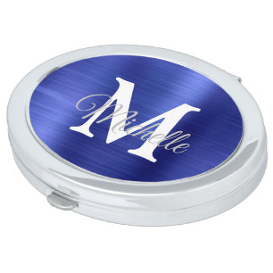 Blue Brushed Metal Personalized Compact Mirror