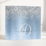 Blue Brushed Metal Silver Glitter Monogram Name<br><div class="desc">Easily personalize this trendy chic binder design featuring pretty silver sparkling glitter on a blue brushed metallic background.</div>