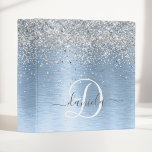Blue Brushed Metal Silver Glitter Monogram Name 3 Ring Binder<br><div class="desc">Easily personalize this trendy chic binder design featuring pretty silver sparkling glitter on a blue brushed metallic background.</div>