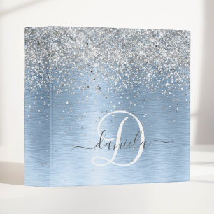 Blue Brushed Metal Silver Glitter Monogram Name 3 Ring Binder