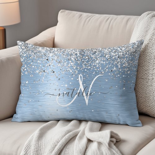 Blue Brushed Metal Silver Glitter Monogram Name Accent Pillow