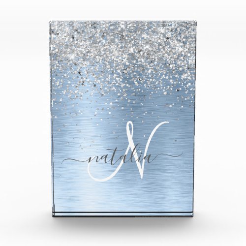 Blue Brushed Metal Silver Glitter Monogram Name Acrylic Award