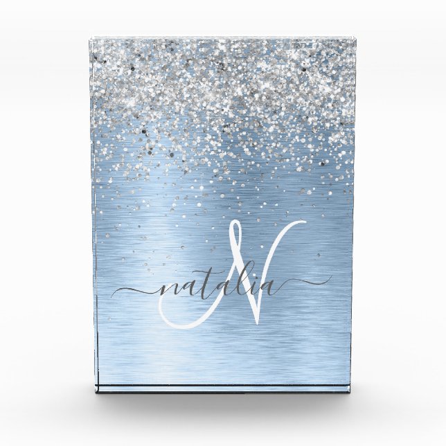Blue Brushed Metal Silver Glitter Monogram Name Acrylic Award (Front)