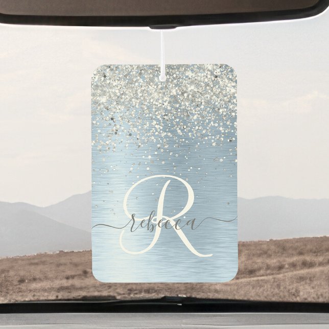 Blue Brushed Metal Silver Glitter Monogram Name Air Freshener (Creator Uploaded)