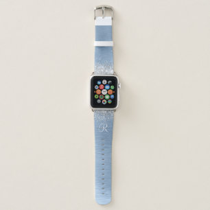Blue Brushed Metal Silver Glitter Monogram Name Apple Watch Band