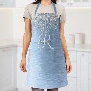 Blue Brushed Metal Silver Glitter Monogram Name Apron