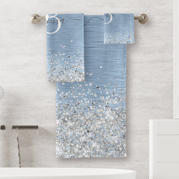 Blue Brushed Metal Silver Glitter Monogram Name Bath Towel Set