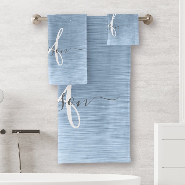 Blue Brushed Metal Silver Glitter Monogram Name Bath Towel Set (Creator Uploaded)
