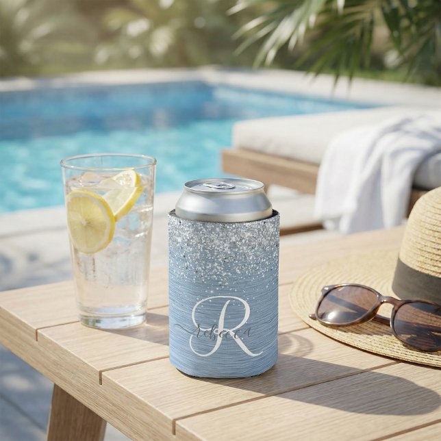  Blue Brushed Metal Silver Glitter Monogram Name Can Cooler (Creator Uploaded)