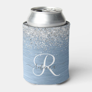 Blue Brushed Metal Silver Glitter Monogram Name Can Cooler