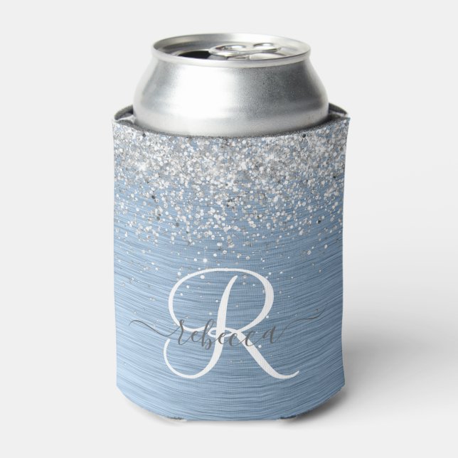  Blue Brushed Metal Silver Glitter Monogram Name Can Cooler (Can Front)