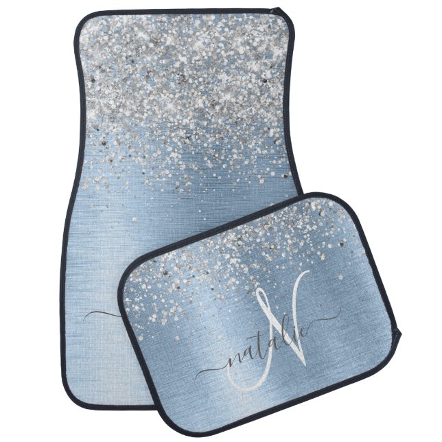 Blue Brushed Metal Silver Glitter Monogram Name Car Floor Mat (Set)