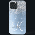 Blue Brushed Metal Silver Glitter Monogram Name iPhone 13 Pro Max Case<br><div class="desc">Easily personalize this trendy chic phone case design featuring pretty silver sparkling glitter on a blue brushed metallic background.</div>