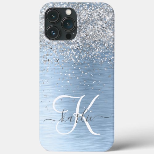 Blue Brushed Metal Silver Glitter Monogram Name iPhone 13 Pro Max Case