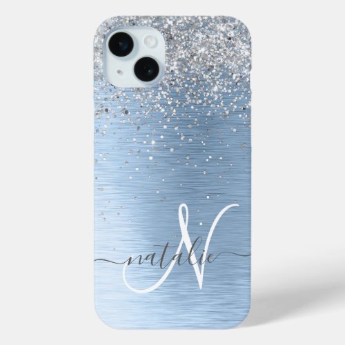 Blue Brushed Metal Silver Glitter Monogram Name iPhone 15 Plus Case